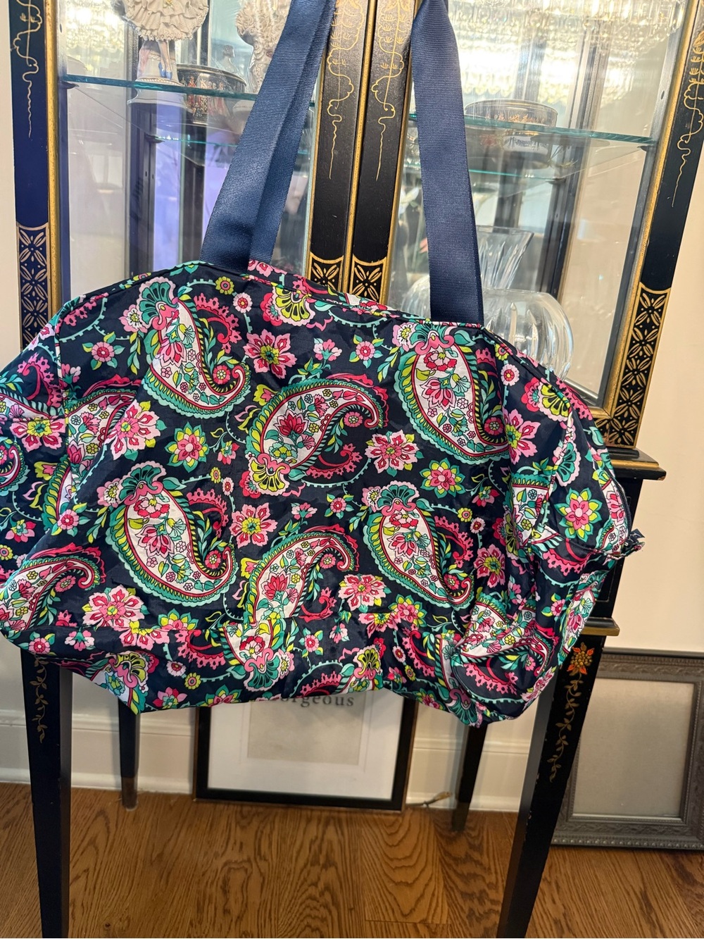 VERA BRADLEY Floral Paisley Navy Tote Bag with Pink & Green Accents